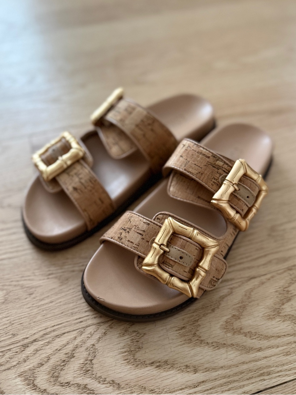 Schutz Tan Cork Slide Sandals with Gold Bamboo Buckles 7.5 Women’s